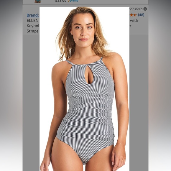 NWOT Ellen Tracy Green /White One Piece Swimsuit High Neck/Cutout Details Size12 - Picture 1 of 8